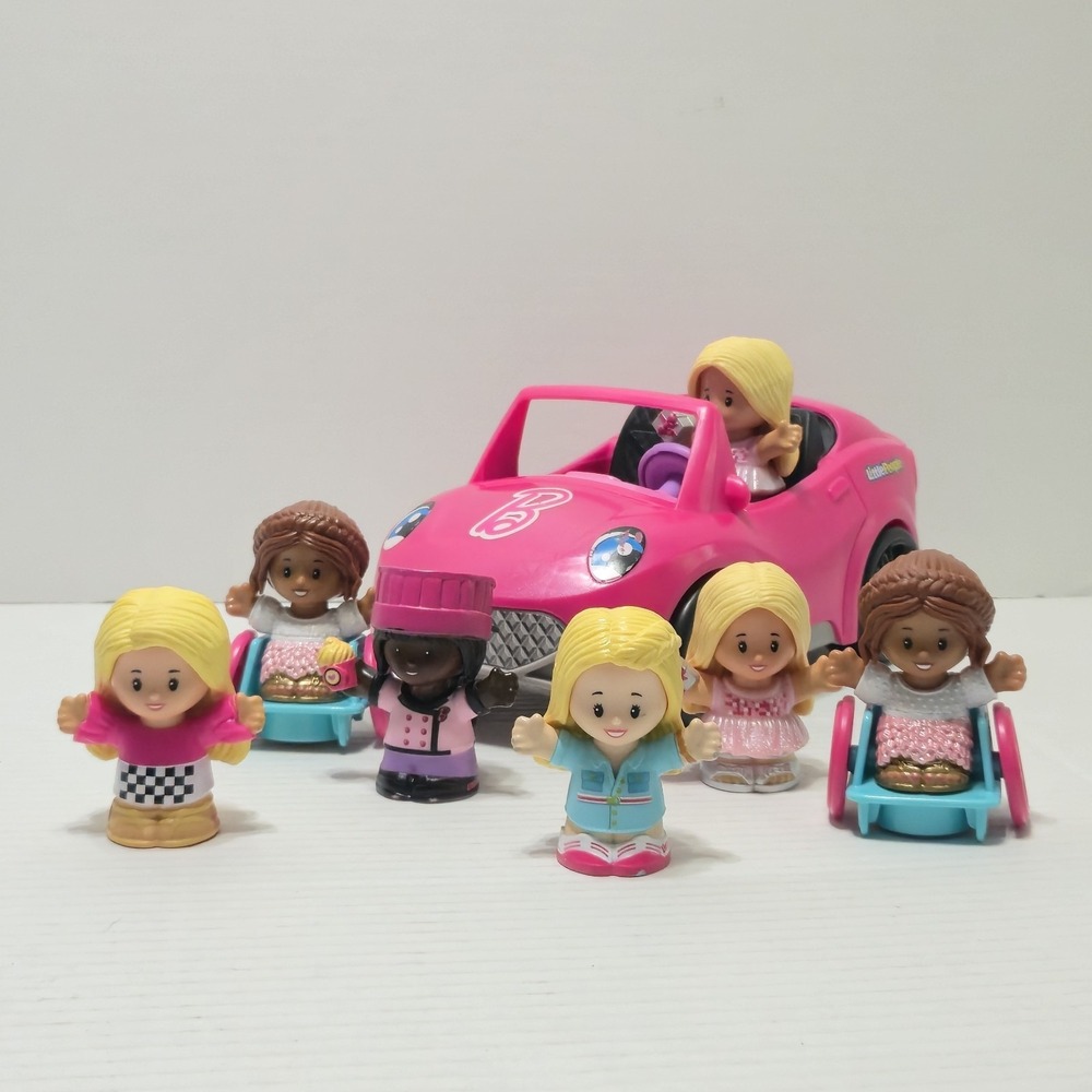 Fisher-Price Little People Barbie Pink Convertible Car w/ Sounds & 7 Figures Lot